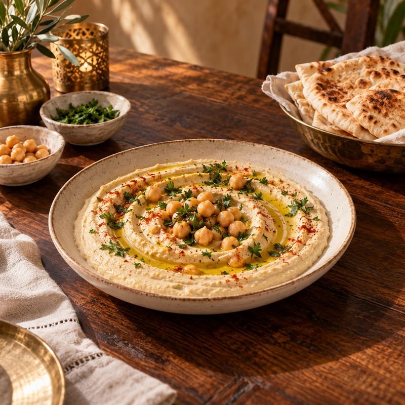 طبق حمص بزيت الزيتون والحمص الحب وجنبه عيش دافي