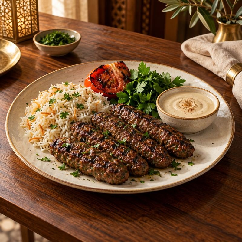 أصابع كفتة مشوية مع رز وطماطم وطحينة